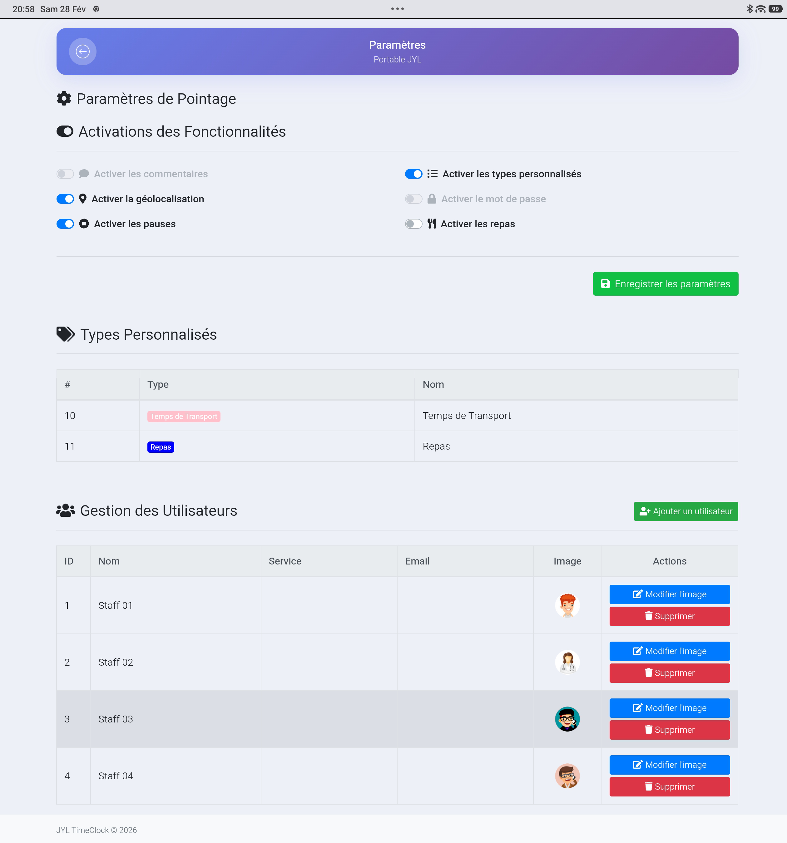 JYL TimeClock Connect — edistyneet asetukset