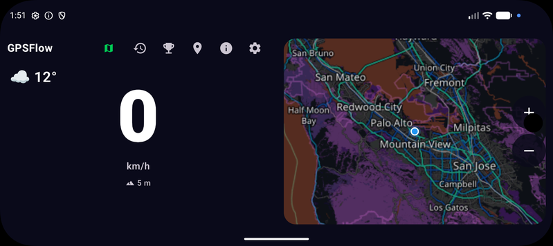 GPSFlow in tablet mode: speedometer on the left, map on the right