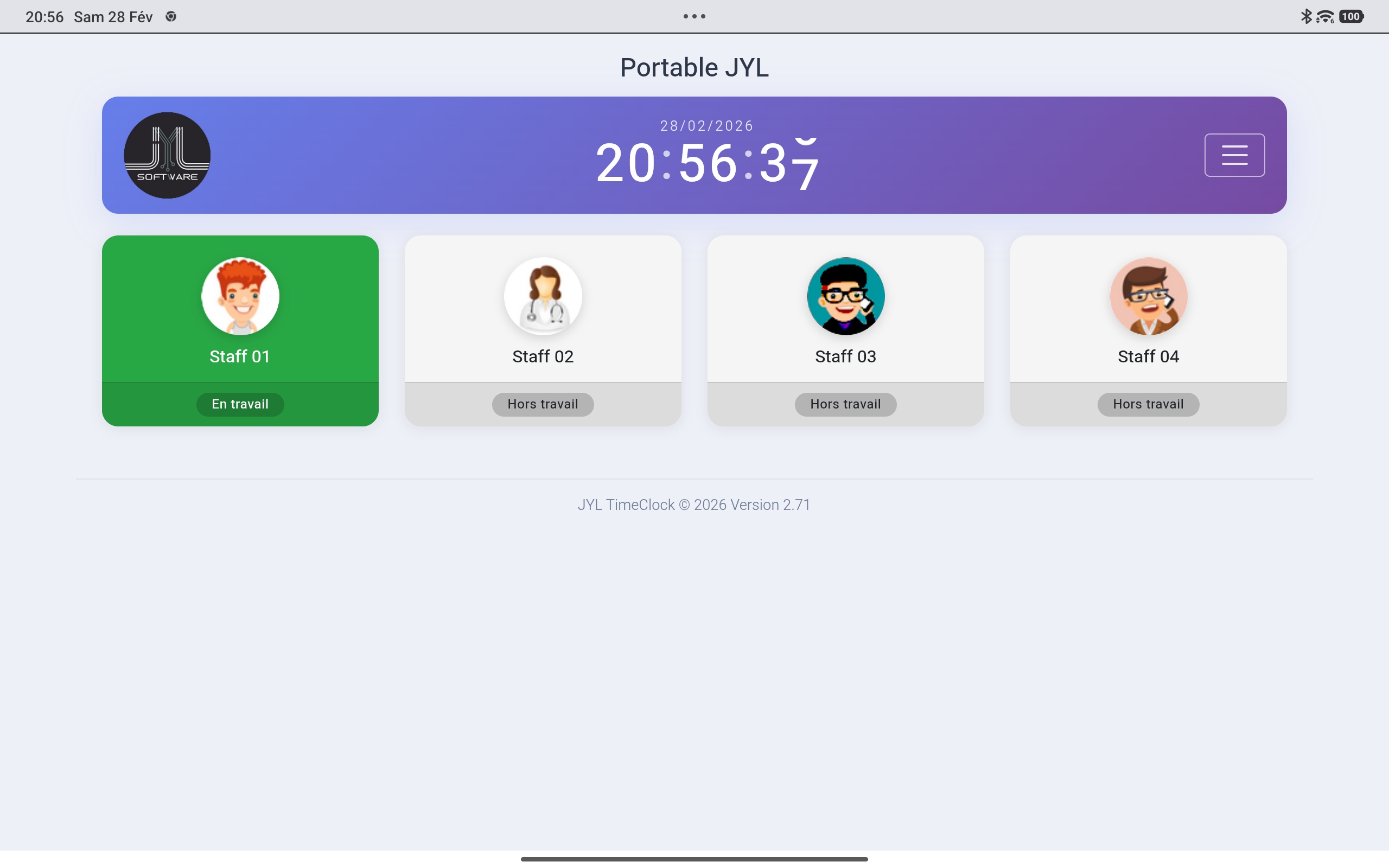 JYL TimeClock Connect — interface de pointage sur mobile